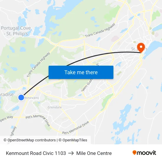 Kenmount Road Civic 1103 to Mile One Centre map