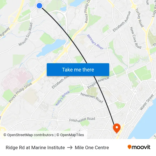 Ridge Rd at Marine Institute to Mile One Centre map