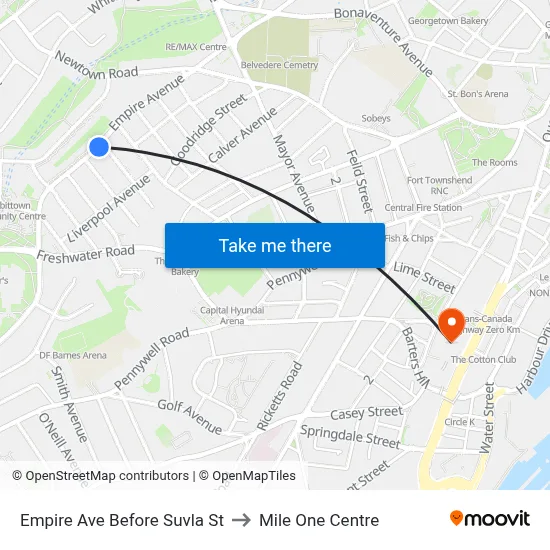 Empire Ave Before Suvla St to Mile One Centre map
