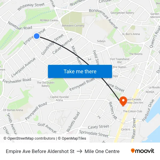 Empire Ave Before Aldershot St to Mile One Centre map