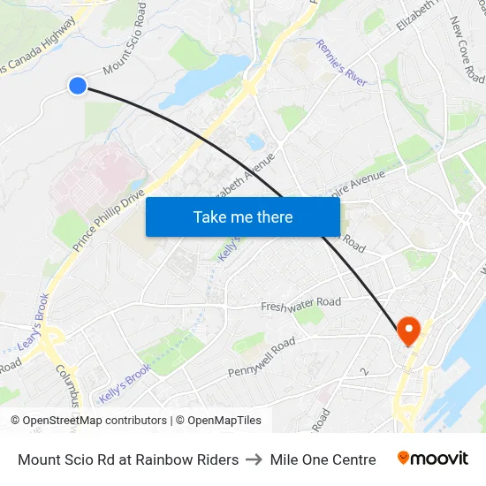 Mount Scio Rd at Rainbow Riders to Mile One Centre map