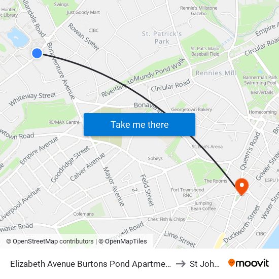 Elizabeth Avenue Burtons Pond Apartments to St John s map