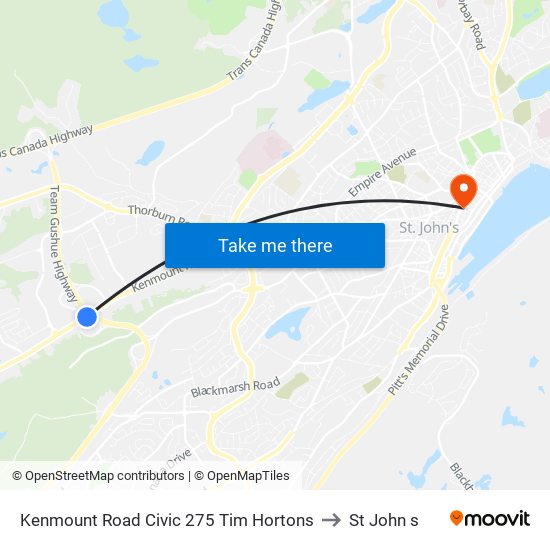 Kenmount Road Civic 275 Tim Hortons to St John s map