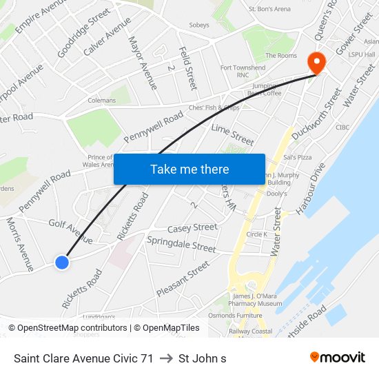 Saint Clare Avenue Civic 71 to St John s map