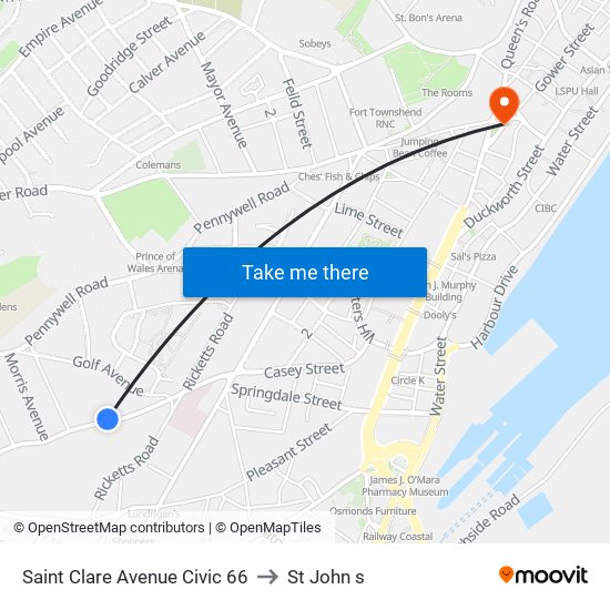 Saint Clare Avenue Civic 66 to St John s map