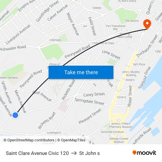 Saint Clare Avenue Civic 120 to St John s map