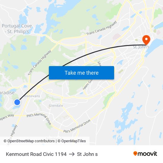 Kenmount Road Civic 1194 to St John s map