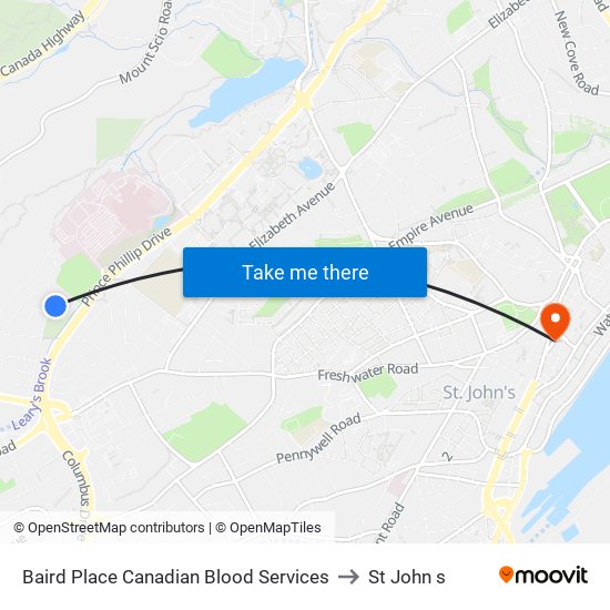 Baird Place Canadian Blood Services to St John s map