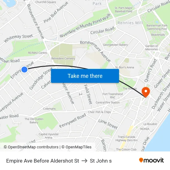 Empire Ave Before Aldershot St to St John s map