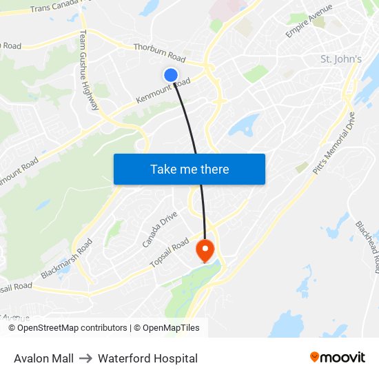 Avalon Mall to Waterford Hospital map