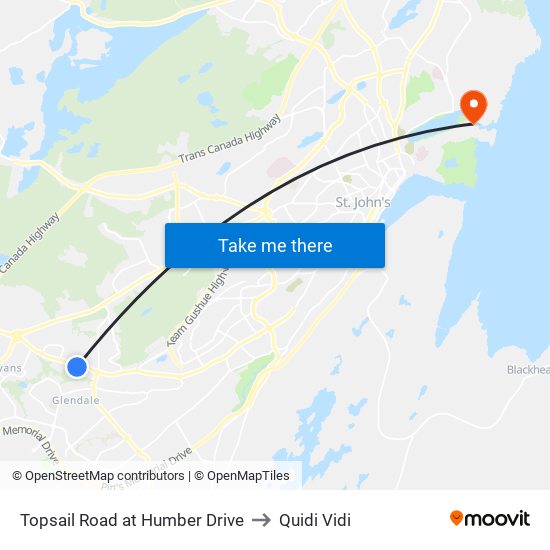 Topsail Road at Humber Drive to Quidi Vidi map