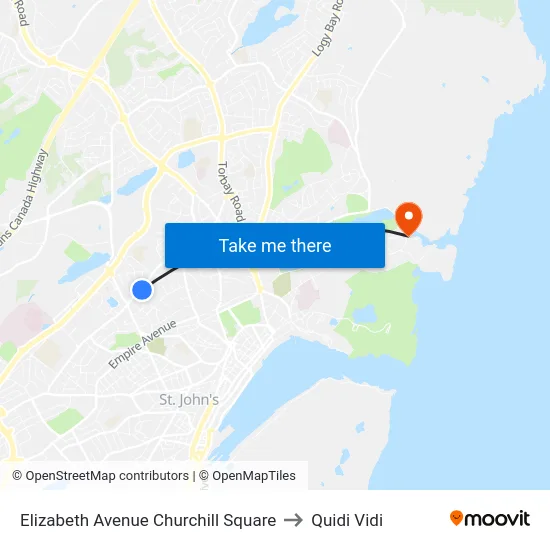 Elizabeth Avenue Churchill Square to Quidi Vidi map