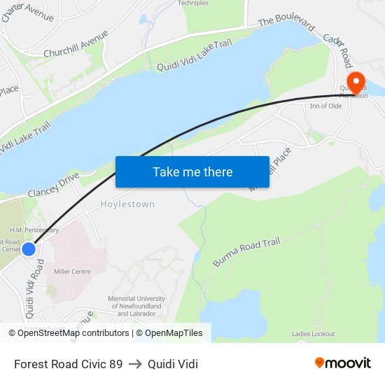 Forest Road Civic 89 to Quidi Vidi map