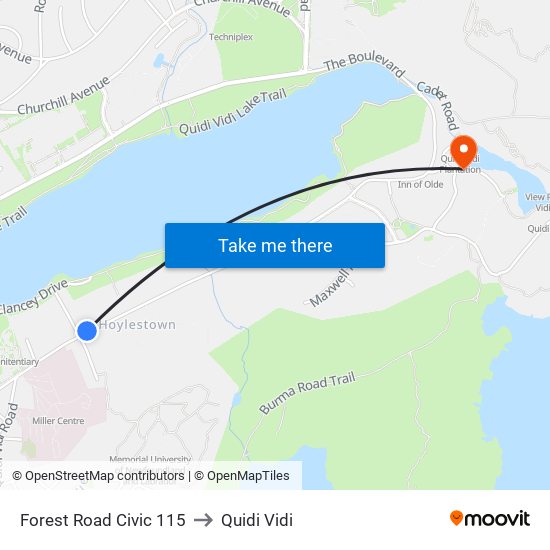 Forest Road Civic 115 to Quidi Vidi map