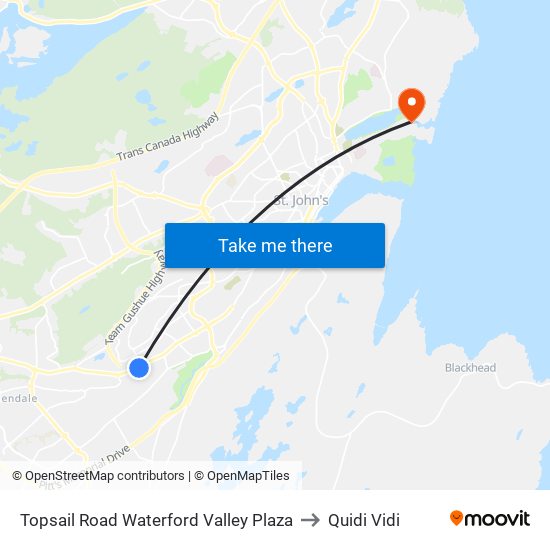 Topsail Road Waterford Valley Plaza to Quidi Vidi map