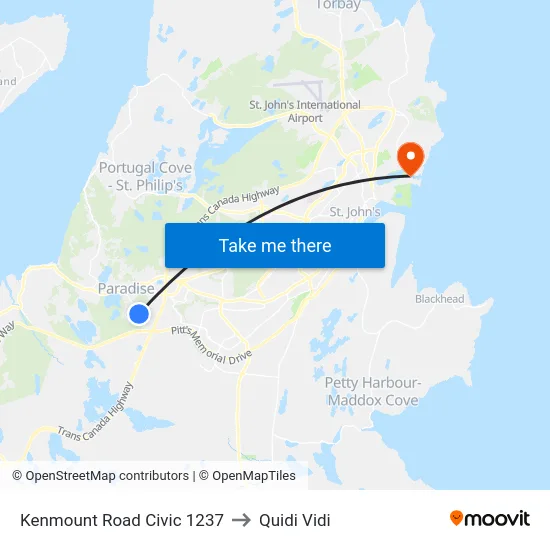 Kenmount Road Civic 1237 to Quidi Vidi map