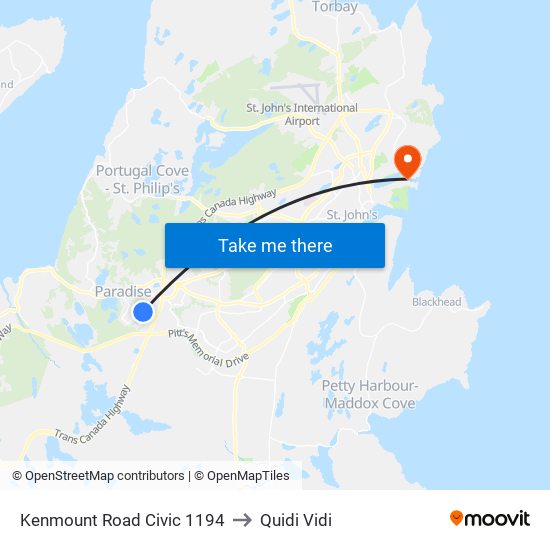 Kenmount Road Civic 1194 to Quidi Vidi map