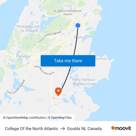 College Of the North Atlantic to Goulds NL Canada map