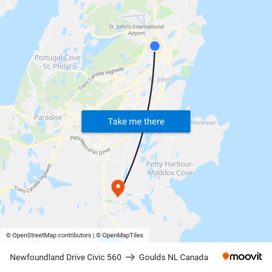 Newfoundland Drive Civic 560 to Goulds NL Canada map