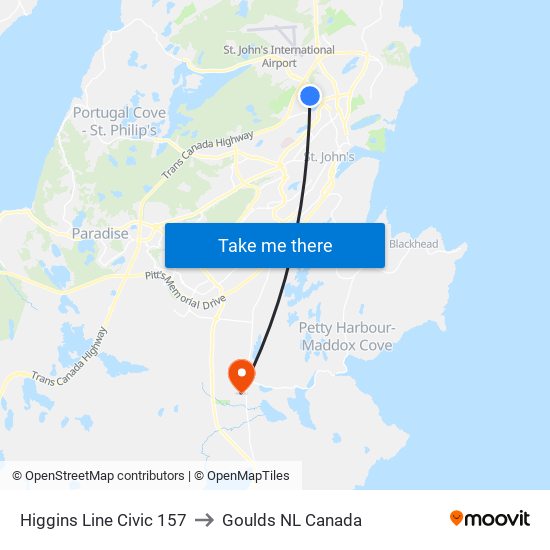 Higgins Line Civic 157 to Goulds NL Canada map