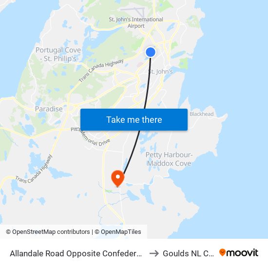 Allandale Road Opposite Confederation Building to Goulds NL Canada map