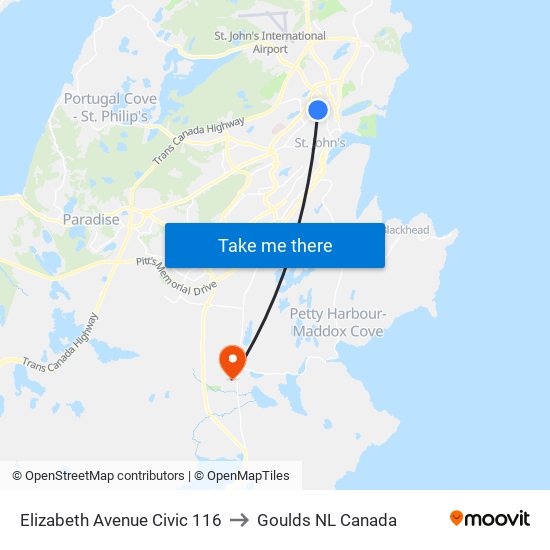 Elizabeth Avenue Civic 116 to Goulds NL Canada map