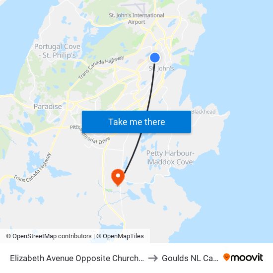 Elizabeth Avenue Opposite Churchill Square to Goulds NL Canada map