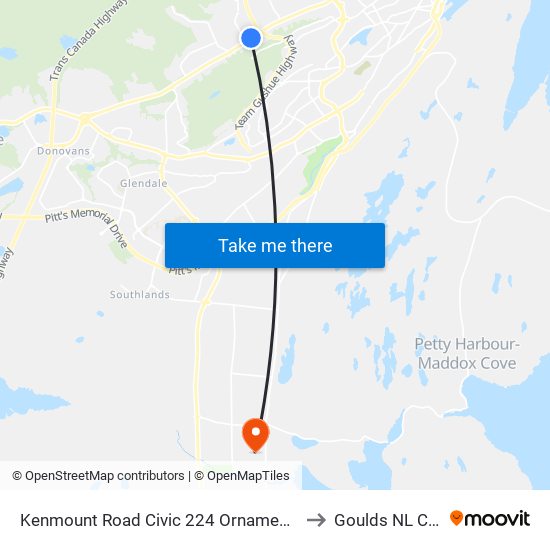 Kenmount Road Civic 224 Ornamental Concrete to Goulds NL Canada map