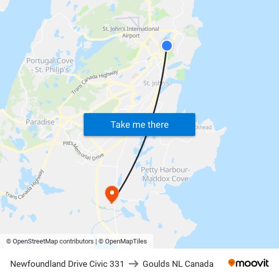 Newfoundland Drive Civic 331 to Goulds NL Canada map