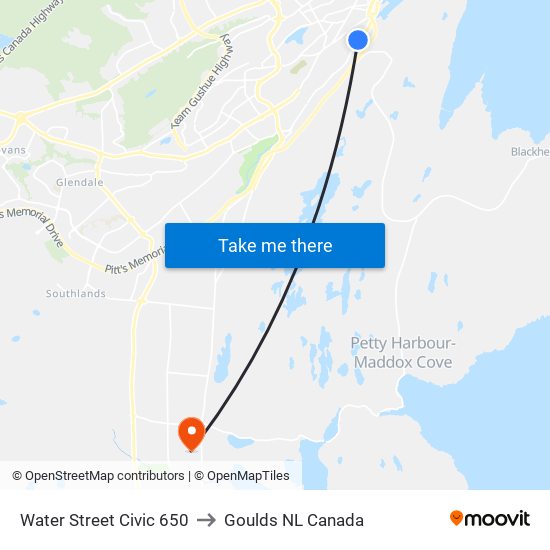 Water Street Civic 650 to Goulds NL Canada map