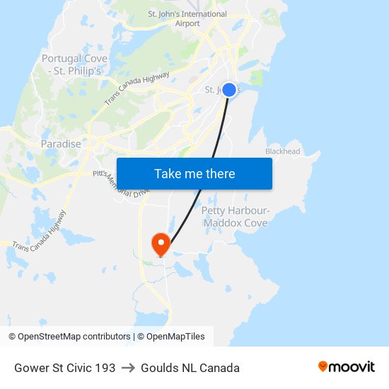 Gower St Civic 193 to Goulds NL Canada map