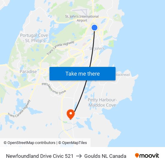 Newfoundland Drive Civic 521 to Goulds NL Canada map