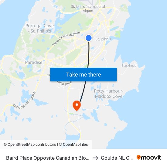 Baird Place Opposite Canadian Blood Services to Goulds NL Canada map