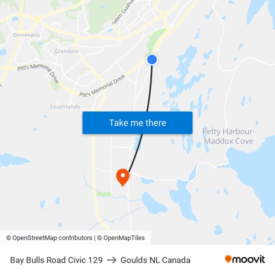 Bay Bulls Road Civic 129 to Goulds NL Canada map