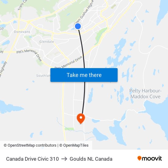 Canada Drive Civic 310 to Goulds NL Canada map