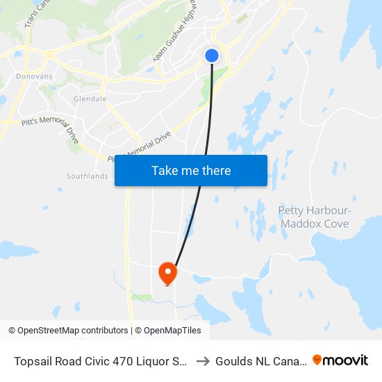 Topsail Road Civic 470 Liquor Store to Goulds NL Canada map