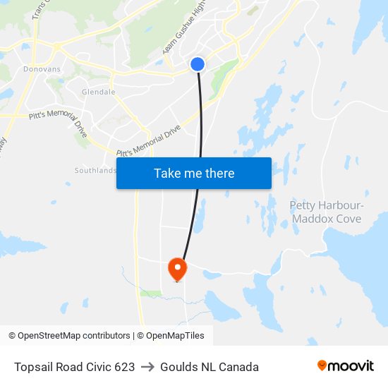 Topsail Road Civic 623 to Goulds NL Canada map