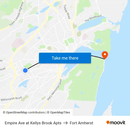 Empire Ave at Kellys Brook Apts to Fort Amherst map