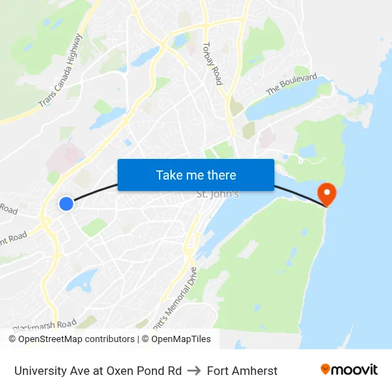 University Ave at Oxen Pond Rd to Fort Amherst map