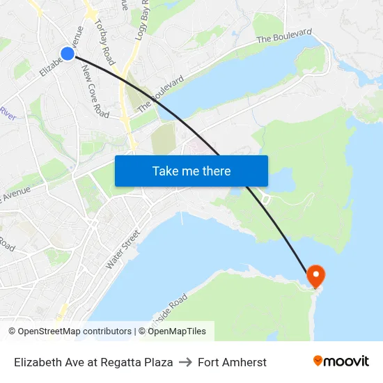 Elizabeth Ave at Regatta Plaza to Fort Amherst map