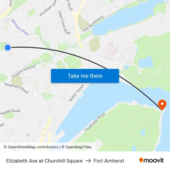 Elizabeth Ave at Churchill Square to Fort Amherst map