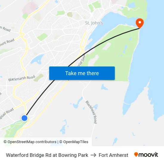 Waterford Bridge Rd at Bowring Park to Fort Amherst map