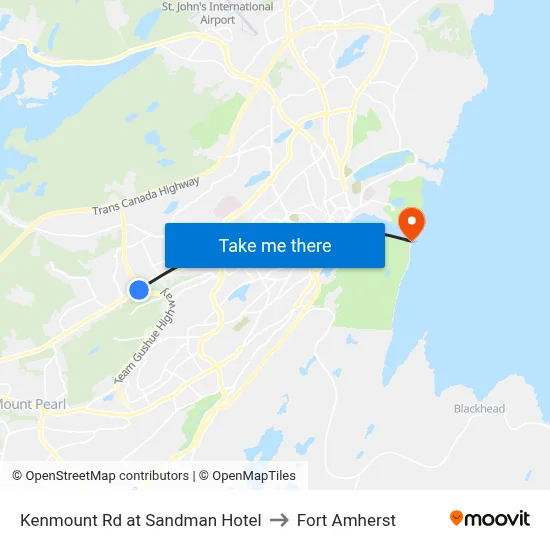 Kenmount Rd at Sandman Hotel to Fort Amherst map