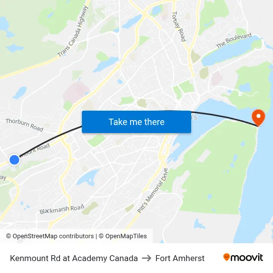 Kenmount Rd at Academy Canada to Fort Amherst map