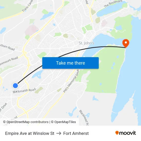 Empire Ave at Winslow St to Fort Amherst map