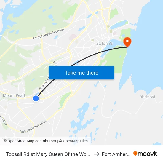 Topsail Rd at Mary Queen Of the World to Fort Amherst map