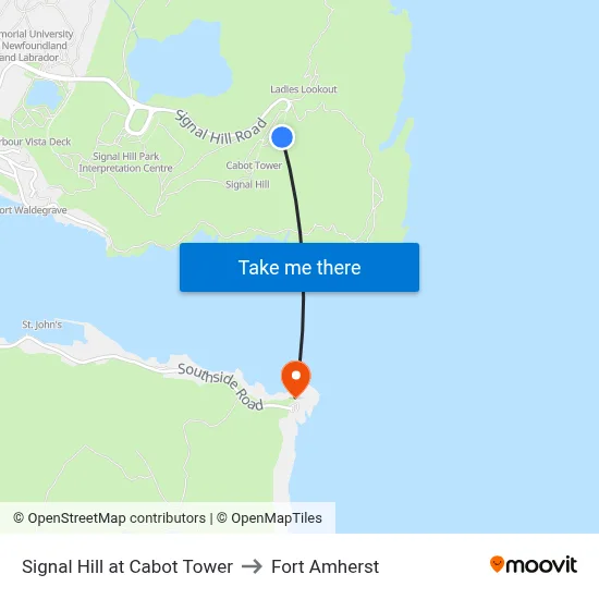 Signal Hill at Cabot Tower to Fort Amherst map