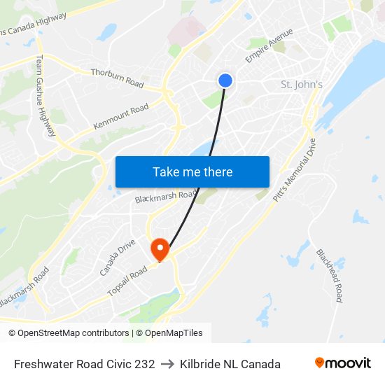 Freshwater Road Civic 232 to Kilbride NL Canada map