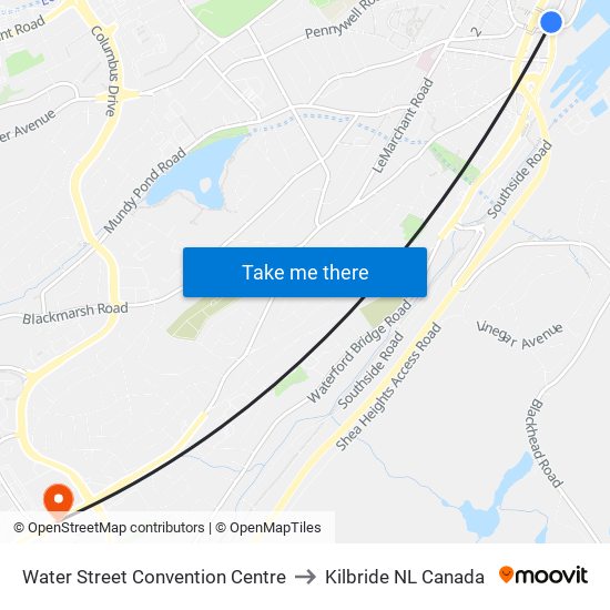 Water Street Convention Centre to Kilbride NL Canada map
