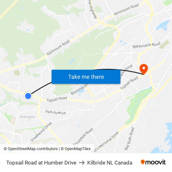 Topsail Road at Humber Drive to Kilbride NL Canada map